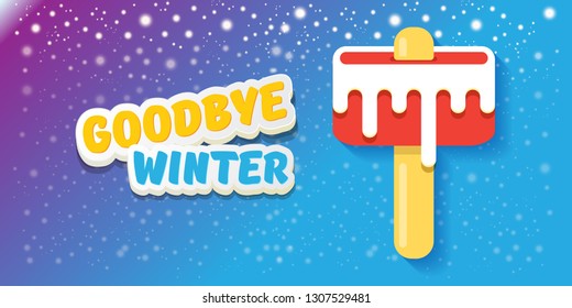 vector goodbye winter concept horizontal banner illustration with melt ice cream isolated on blue background with falling snowflakes and lights. End of winter season background, flyer or poster