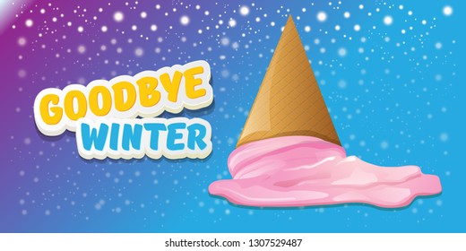vector goodbye winter concept horizontal banner illustration with melt ice cream isolated on blue background with falling snowflakes and lights. End of winter season background, flyer or poster