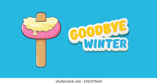 vector goodbye winter concept horizontal banner illustration with melt ice cream isolated on blue background. End of winter season background, flyer or poster 