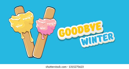 vector goodbye winter concept horizontal banner illustration with melt ice cream isolated on blue background. End of winter season background, flyer or poster 