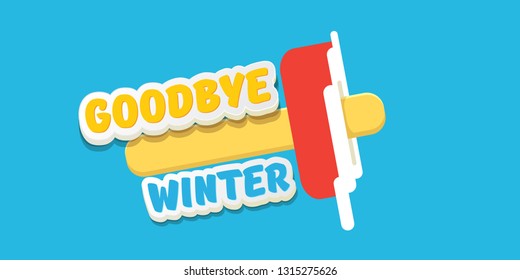 vector goodbye winter concept horizontal banner illustration with melt ice cream isolated on blue background. End of winter season background, flyer or poster 