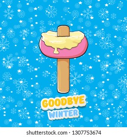 vector goodbye winter concept illustration with melt ice cream isolated on blue background with falling snowflakes and lights. End of winter season background, flyer or poster