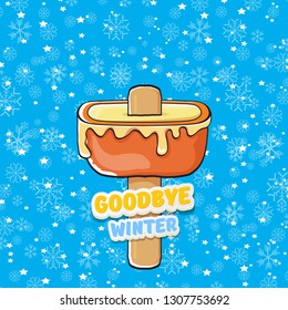 vector goodbye winter concept illustration with melt ice cream isolated on blue background with falling snowflakes and lights. End of winter season background, flyer or poster
