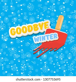 vector goodbye winter concept illustration with melt ice cream isolated on blue background with falling snowflakes and lights. End of winter season background, flyer or poster