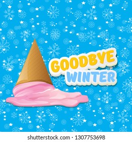 vector goodbye winter concept illustration with melt ice cream isolated on blue background with falling snowflakes and lights. End of winter season background, flyer or poster