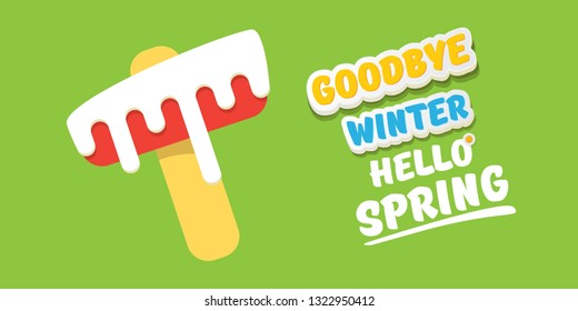 vector goodbye winter hello spring concept horizontal banner illustration with melt ice cream isolated on green background. End of winter season background, flyer or poster