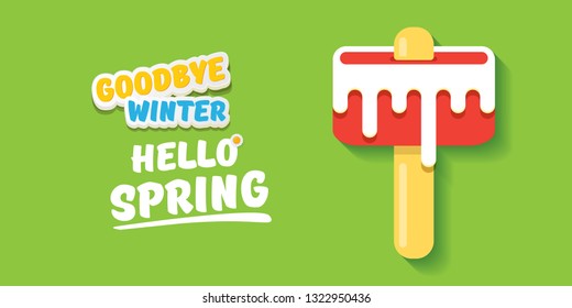 vector goodbye winter hello spring concept horizontal banner illustration with melt ice cream isolated on green background. End of winter season background, flyer or poster