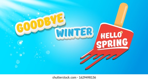 vector goodbye winter hello spring concept horizontal banner illustration with melt ice cream isolated on blue sky background. End of winter season background, flyer or poster
