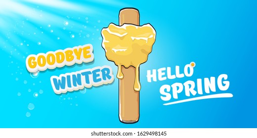 vector goodbye winter hello spring concept horizontal banner illustration with melt ice cream isolated on blue sky background. End of winter season background, flyer or poster