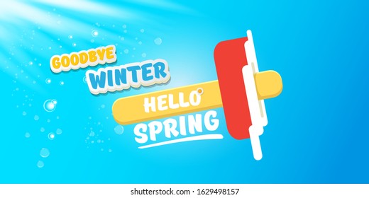 vector goodbye winter hello spring concept horizontal banner illustration with melt ice cream isolated on blue sky background. End of winter season background, flyer or poster