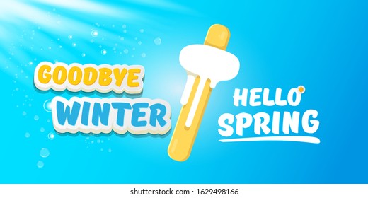vector goodbye winter hello spring concept horizontal banner illustration with melt ice cream isolated on blue sky background. End of winter season background, flyer or poster