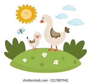 Vector goose with baby gosling on lawn under the sun. Cute cartoon family scene illustration for kids. Farm birds on nature background. Colorful mother and baby animals picture for children
