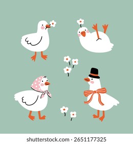 Ilustração em ganso vetorial. Aves de fazenda isoladas em fundo verde. Clipe de arte de ganso infantil. Conjunto de adesivo de pato branco.
