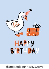 Vector goose illustration. Cute birthday card with funny lettering and goose on blue background. Greeting card or kids poster.