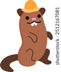 Vector gopher in orange hat icon. Cartoon archeologist animal clipart. Historical dinosaur dig or excavations scientist or explorer illustration. Cute ground squirrel picture for kids
