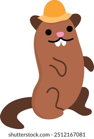 Vetor gopher em ícone de chapéu laranja. Cartoon arqueólogo animal clipart. Histórico dinossauro escavação ou escavações cientista ou explorador ilustração. Imagem de esquilo de chão bonito para crianças
