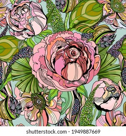 Vector gorgeous floral seamless pattern with pink roses, peonies, violet flowers and green leaves in a beautiful graphic style.Can be perfect for wallpaper, fabric, gifts, sport or easy wear.