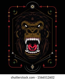 vector gorilla, Illustration ferocious the gorilla head with sacred geometry, angry gorilla face on black background