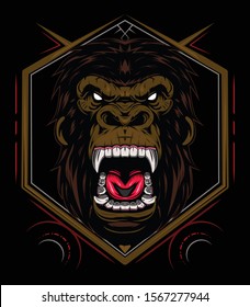 vector gorilla, Illustration ferocious the gorilla head with sacred geometry, angry gorilla face on black background