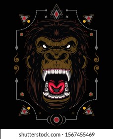 vector gorilla, Illustration ferocious the gorilla head with sacred geometry, angry gorilla face on black background