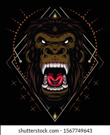 vector gorilla, Illustration ferocious the gorilla head with sacred geometry, angry gorilla face on black background