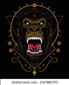 vector gorilla, Illustration ferocious the gorilla head with sacred geometry, angry gorilla face on black background