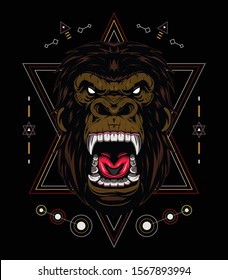 vector gorilla, Illustration ferocious the gorilla head with sacred geometry, angry gorilla face on black background