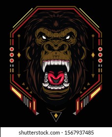 vector gorilla, Illustration ferocious the gorilla head with sacred geometry, angry gorilla face on black background