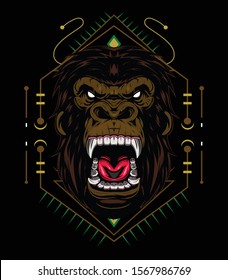 vector gorilla, Illustration ferocious the gorilla head with sacred geometry, angry gorilla face on black background