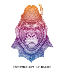 Vector gorilla, monkey. Bavarian traditional hat. Tirol austrian hat. Beer Oktoberfest character portrait.