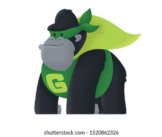 vector gorilla in a superhero costume. drawn in a children's style. can be used for books, t-shirts, paintings in the nursery, etc.