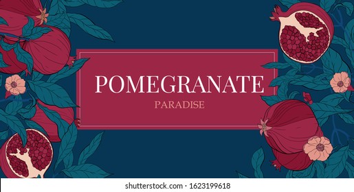 Vector gorizontal banners with with pomegranate fruits on blue background. Floral design for cosmetics, perfume, beauty care products. Can be used as greeting card, wedding illustration