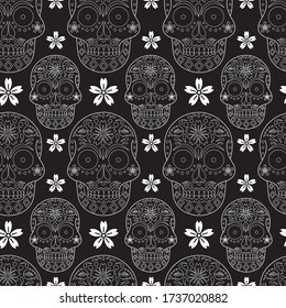 Vector gothic black and white sugar skull with flower seamless pattern background