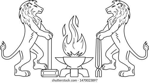 Vector. Gothic Emblem Of The Medieval Guild Of Blacksmiths, Craftsmen. Two Calm Lions Stand With Tools Near The Anvil. Flame In The Form Of A Bird Phoenix. Element Of Design.