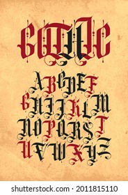 Vector gothic font. Set of capital letters of the English alphabet in vintage style on an old paper background. Medieval Latin letters. Suitable for monogram, logo, label, poster, lettering, tattoo