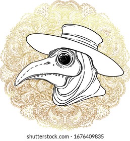Vector gothic illustration of plague doctor. Tattoo art. Sketchy style. Medieval venetian scary bird mask. Alchemy, tattoo art, t-shirt design. Medieval medicine. 