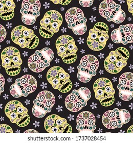 Vector gothic pastel colored sugar skull with flower seamless pattern background