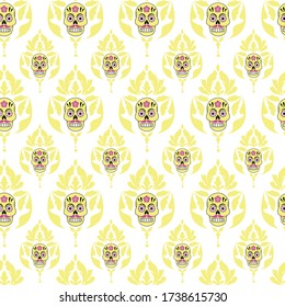 Vector gothic pastel yellow sugar skull with damask seamless pattern background on white surface