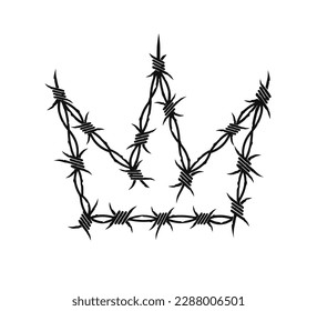 Vector Gothic Punk Crown in Wire Barb grunge style tattoo. Gothic Crown or Dark Metal sign in Y2k style. Street art grunge element. Printable vector barbed wire  Crown  isolated on white background