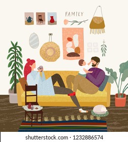 vector gouache illustration of a happy family at home on the sofa in the living room, mom drinks coffee, the father is playing with the child, the cat is sleeping on the carpet