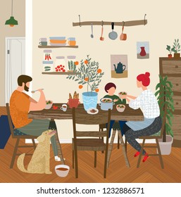 vector gouache painted flat illustration of a happy family at home in the kitchen for lunch, dinner or breakfast, mother, father, child and dog in a cozy apartment are sitting at the table and eating 