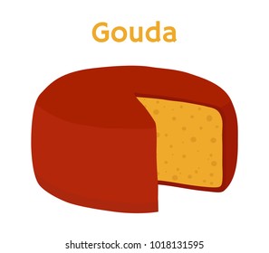 Vector gouda cheese block. Slice, chunk in cartoon flat style. Farm market product for label, poster, icon, packaging. Dairy product