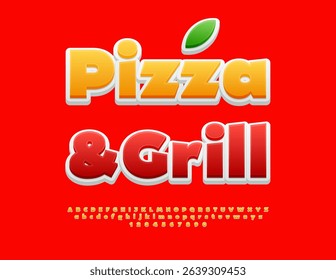 Vector Gourmet Advertisement Pizza and Grill. Creative Yellow Font. Classic Digital  Alphabet Letters and Numbers set.