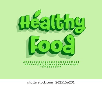 Vetor Gourmet emblema Comida saudável. Fonte 3D verde brincalhão. Engraçado conjunto de letras e números do alfabeto artístico.