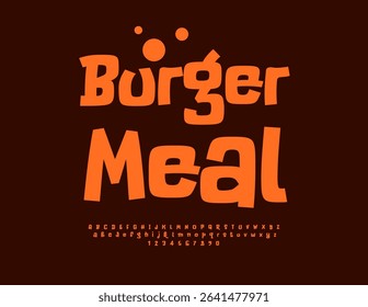 Vector Gourmet logo Burger Meat. Bright Comic Font. Funny Orange Alphabet Letters, Numbers and Symbols