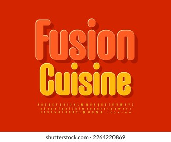 Vector gourmet sign Fusion Cuisine with bright Yellow Font. Modern set of creative Alphabet Letters, Numbers and Symbols