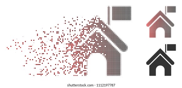 Vector government building with flag icon in dispersed, dotted halftone and undamaged entire variants. Disintegration effect involves square dots and horizontal gradient from red to black.