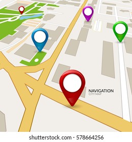 Ciudad del mapa vectorial gps. Navegación por la calle. Pin GPS en el mapa. Ilustración de dirección de ruta. Caricatura de la ciudad