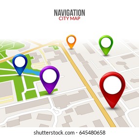 Vector gps map city. Street road navigation. GPS pin on map. Route direction illustration. City route.