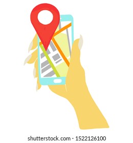
Vector GPS navigation icon phone with location point. On the screen of the smartphone map of the city location. Phone GPS illustration in flat line minimalism style.